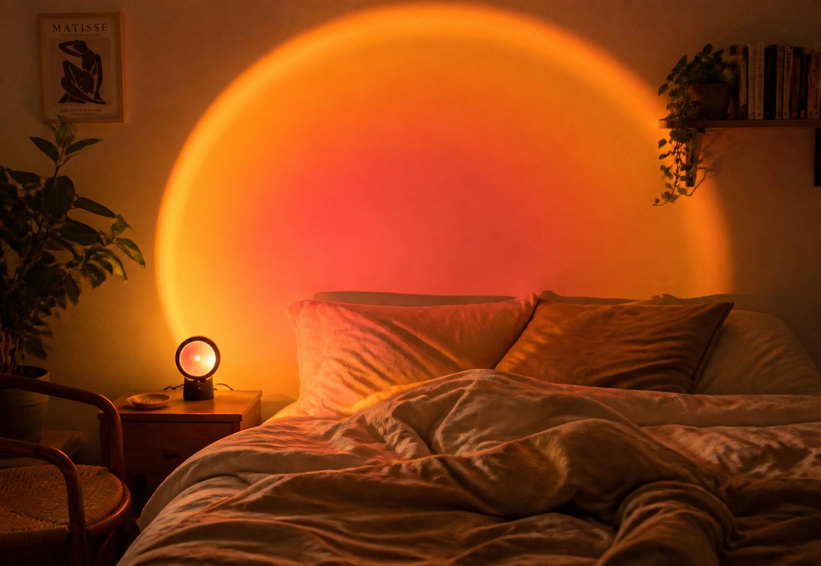 Sunset projection lamp casting a warm orange glow across a cozy bedroom wall